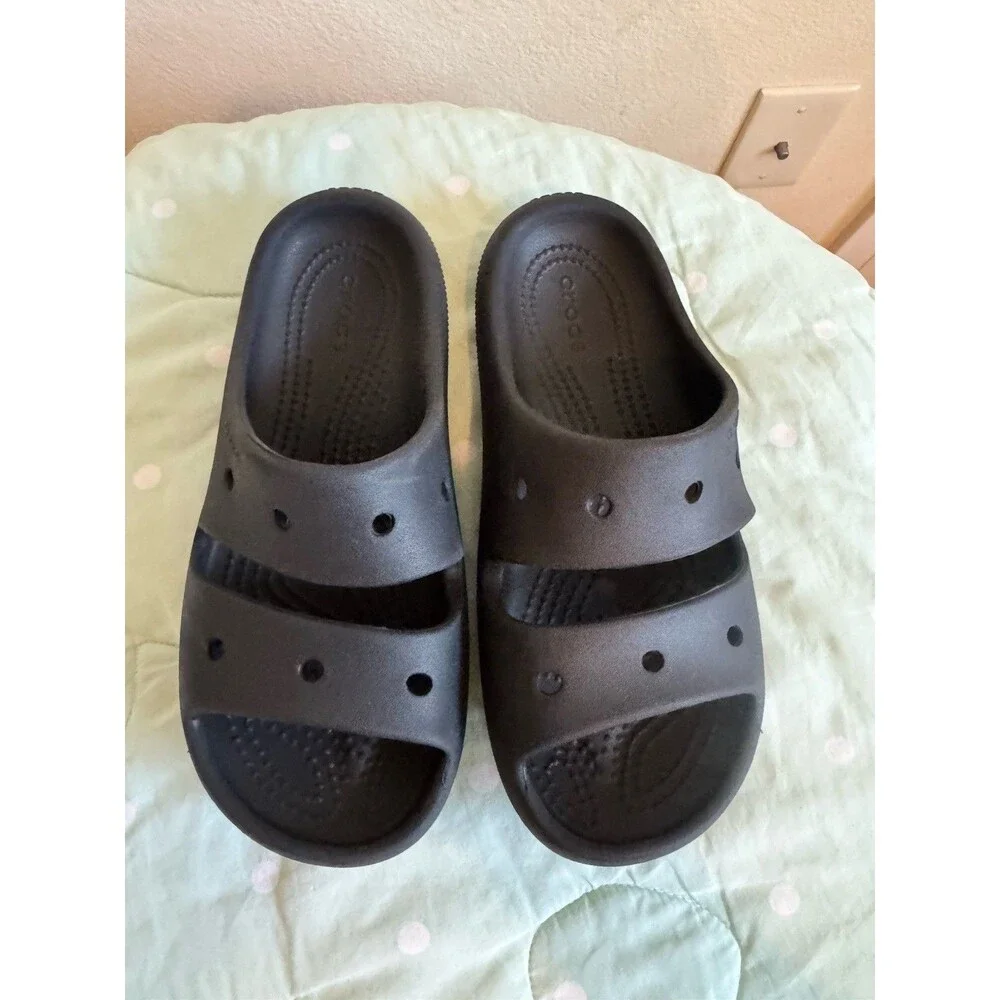 Youth Size 2 Crocs Slide Two Strap Black Rubber Sandals J2